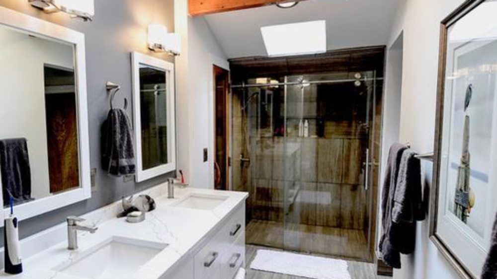 Bathroom Remodel, view of the sinks and shower